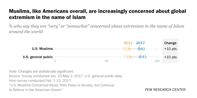 About eight-in-ten U.S. Muslims say they are either very or somewhat concerned about extremism committed in the name of Islam around the world. While Muslim Americans are slightly less worried about Islamic extremism in America than around the world,...