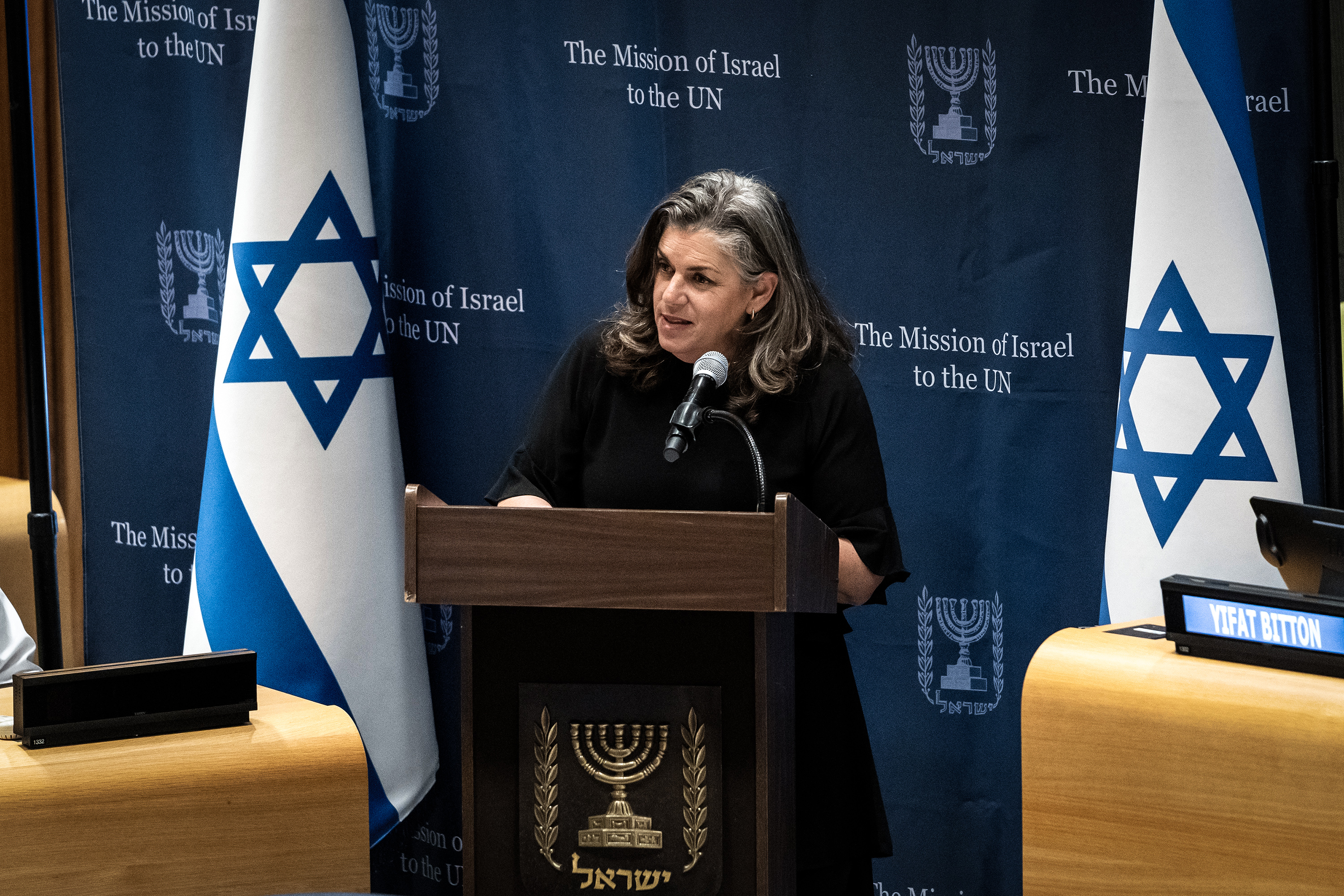 NEW YORK, UNITED STATES - 2023/12/04: Shari Mendes speaks during special event to address sexual violence during Hamas terror attack on October 7 held at UN Headquarters. During the event, speakers described their personal experience seeing women violated during terror attack and condemned women's advocacy groups, specifically UN Women, to be silent on this. (Photo by Lev Radin/Pacific Press/LightRocket via Getty Images)