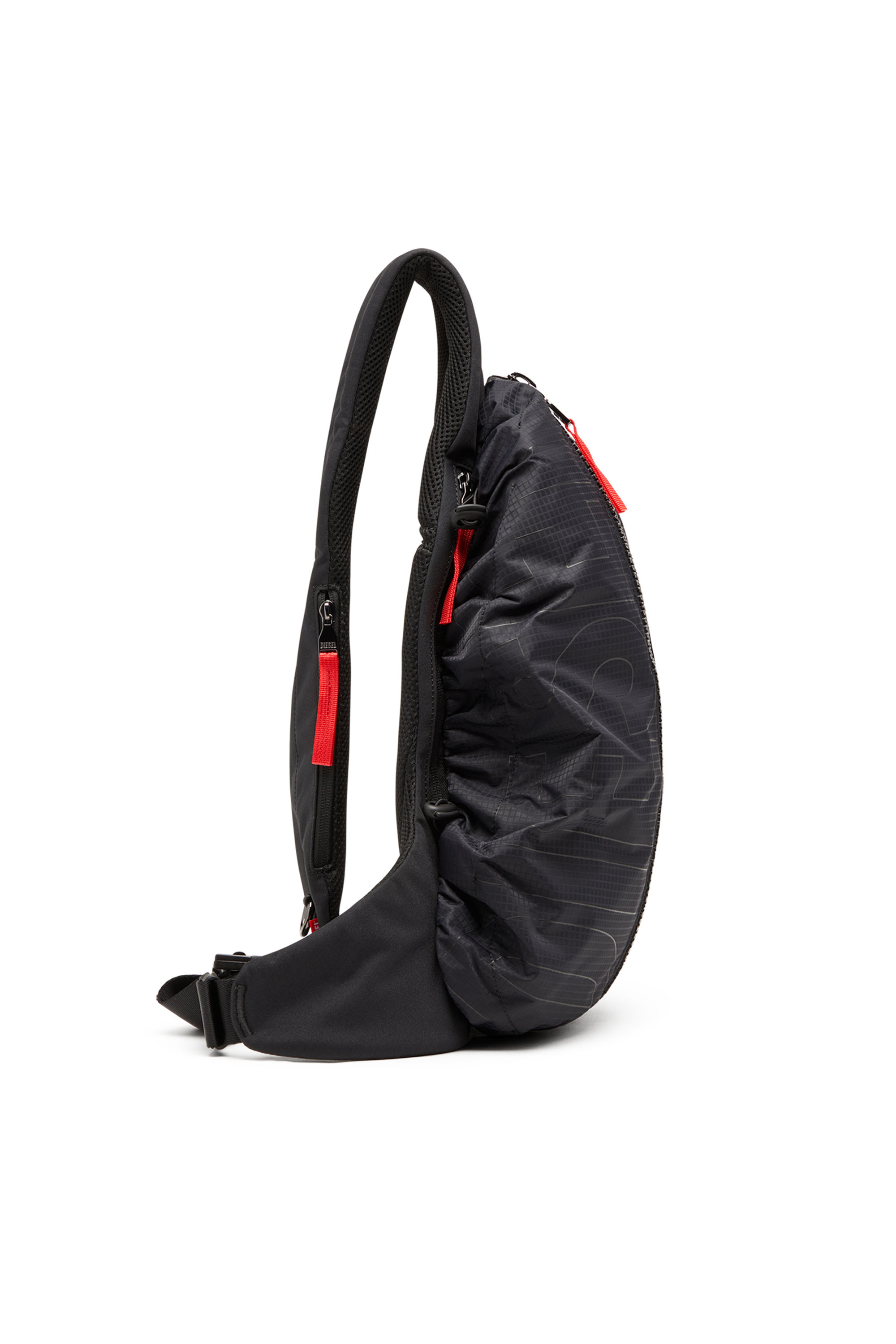 Diesel - ZIP-D SLING BAG X, Man Sling backpack in check-jacquard shell in Black - Image 3