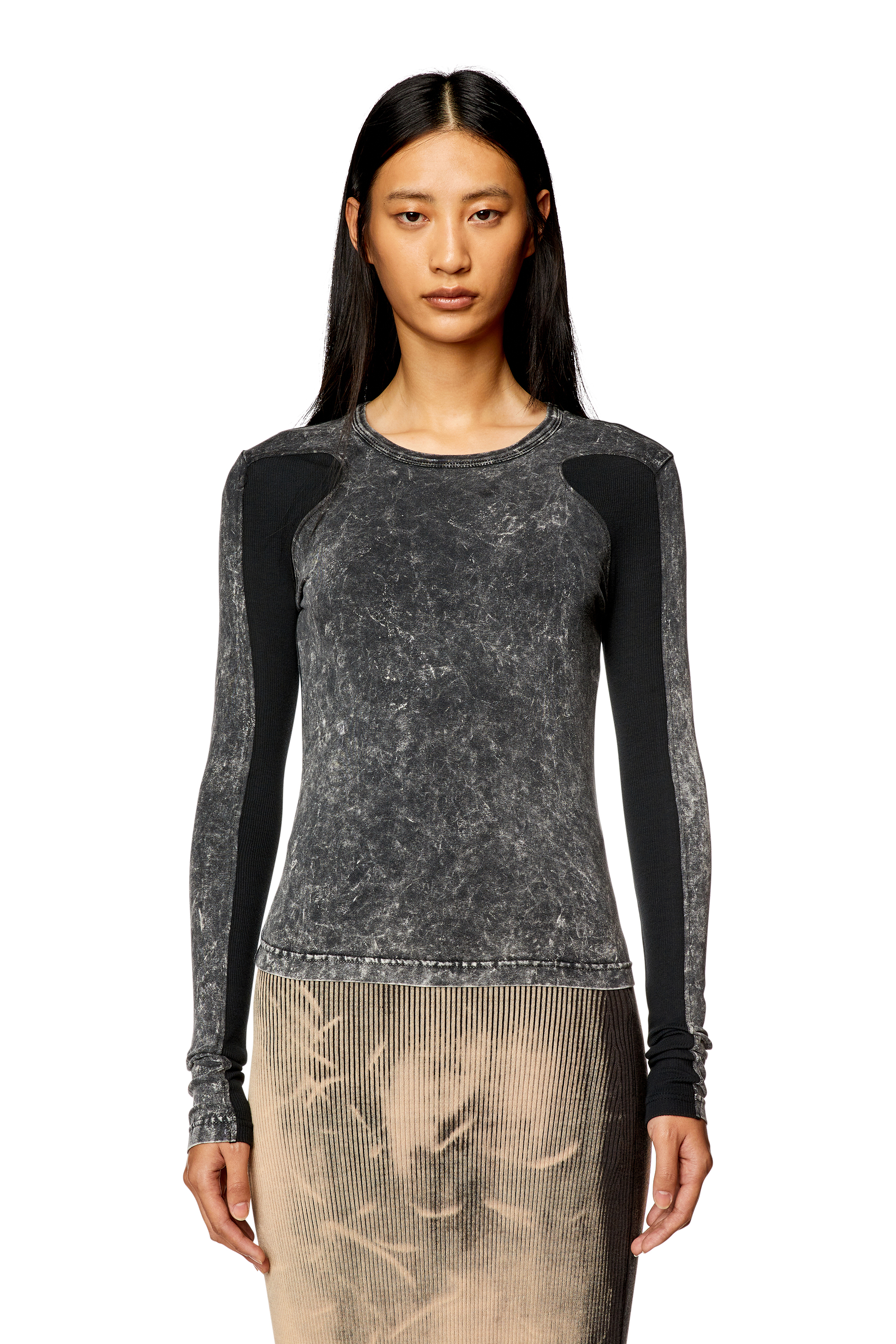 Diesel - T-LASTEK, Woman Marbled top with ribbed sleeves in Black - Image 5