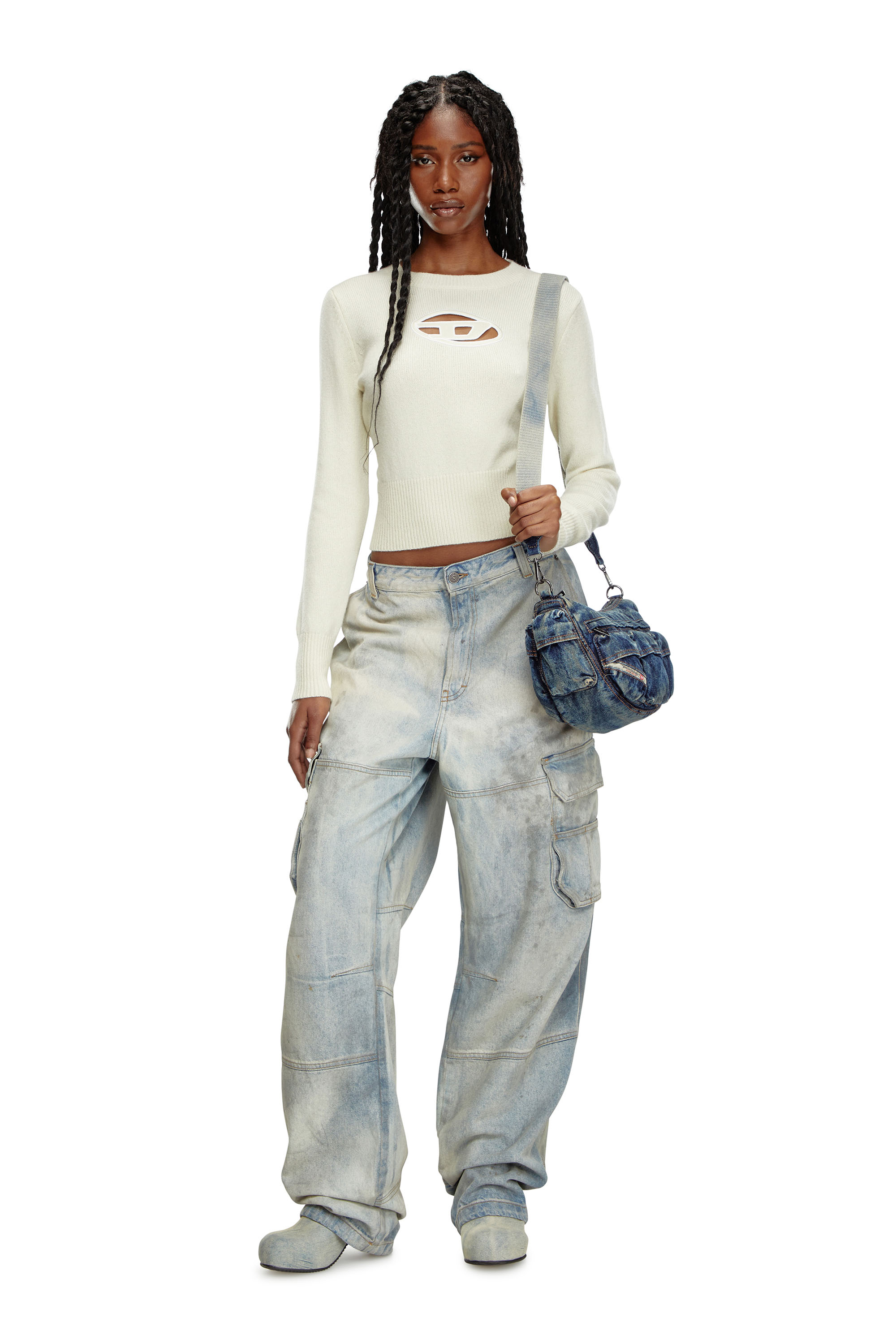 Diesel - M-AREESA, Woman's Jumper with embroidered cut-out logo in White - 2