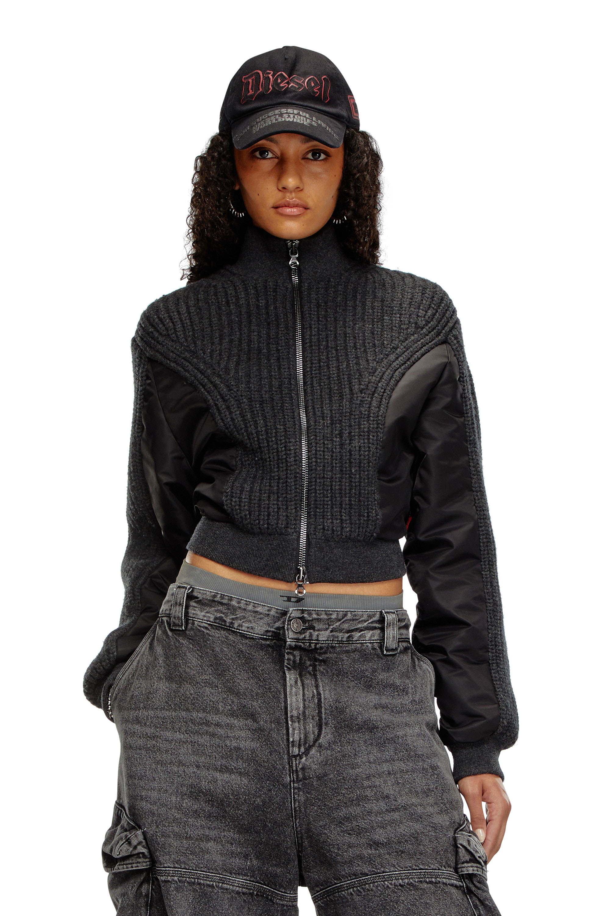 Diesel - M-ODENA, Woman's Jacket in wool knit and padded nylon in Black - 1