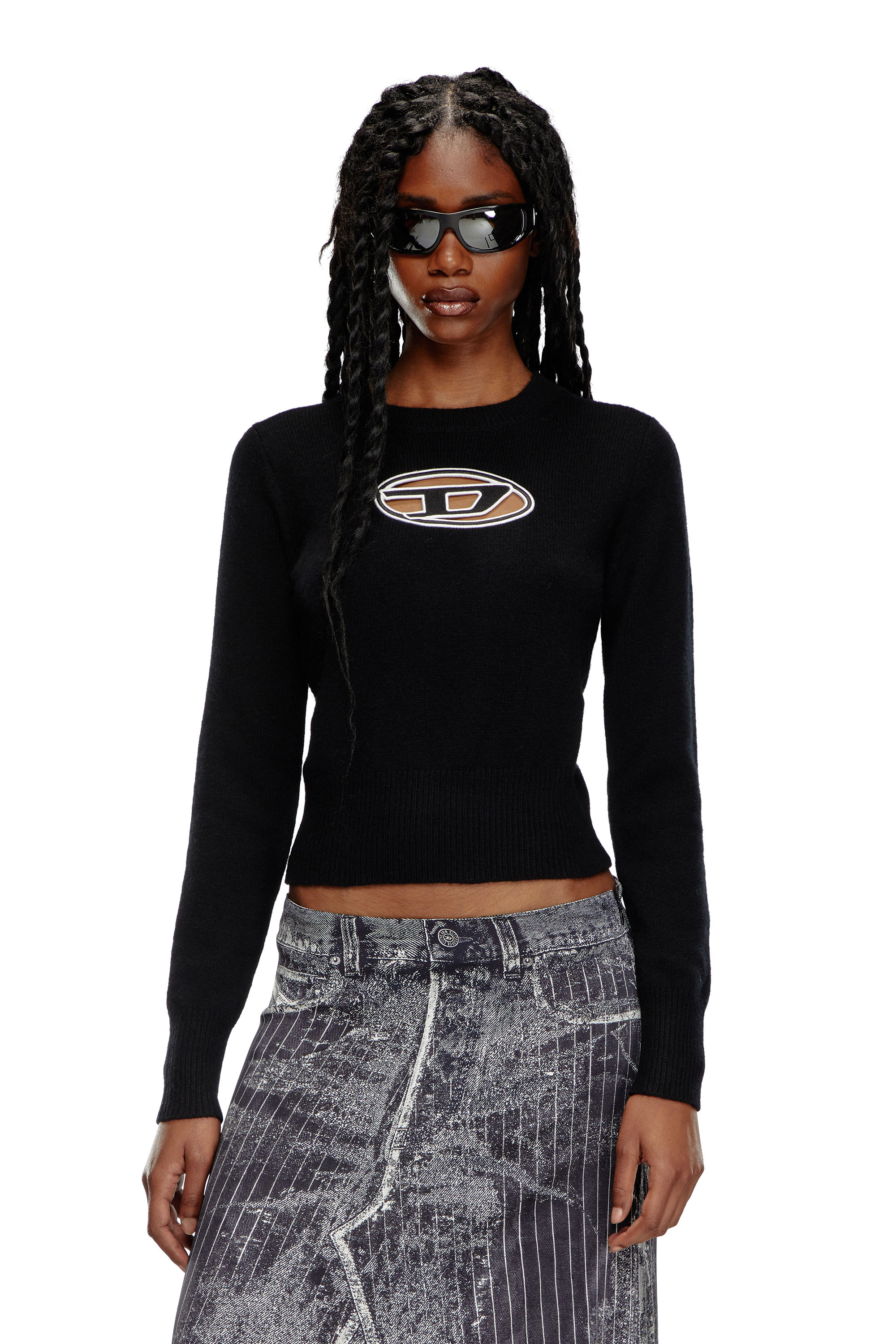 Diesel - M-AREESA, Woman's Jumper with embroidered cut-out logo in Black - 1