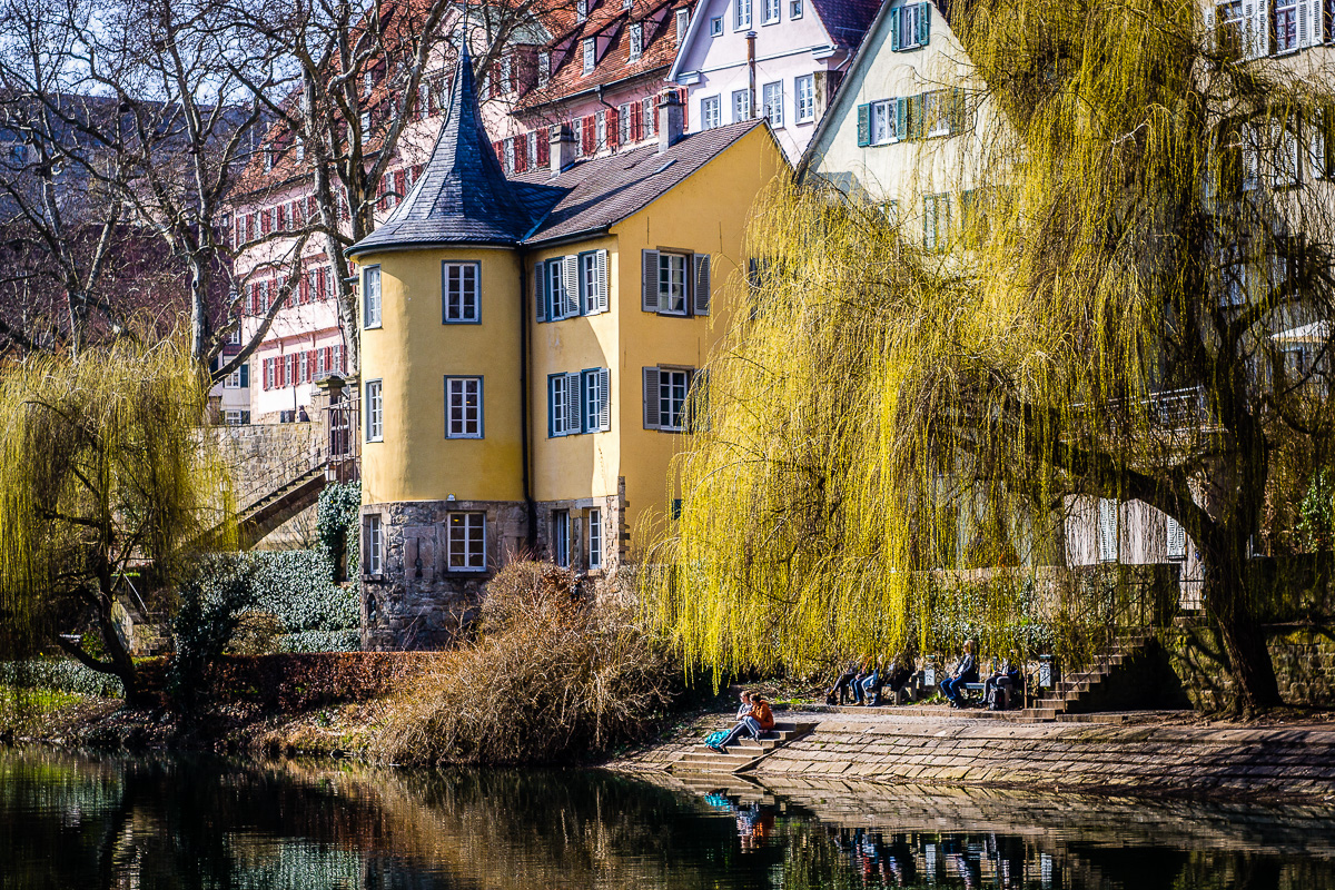 Der Hölderlin-Turm am Neckar, umgeben von Bäumen