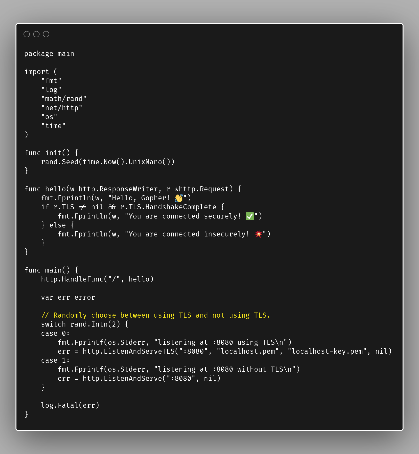 The source code of a Go program which runs an HTTP server on port 8080 that randomly uses or not TLS.