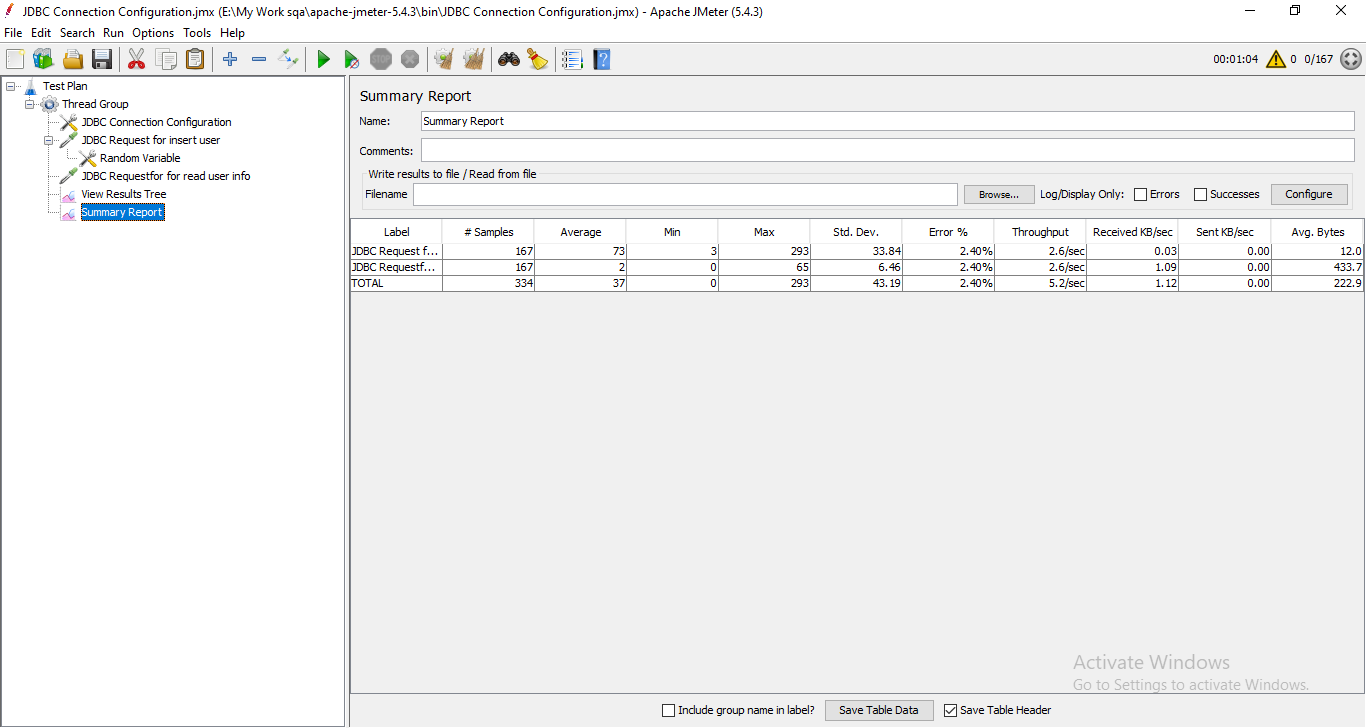 insert and read operation test for 167users in 65s