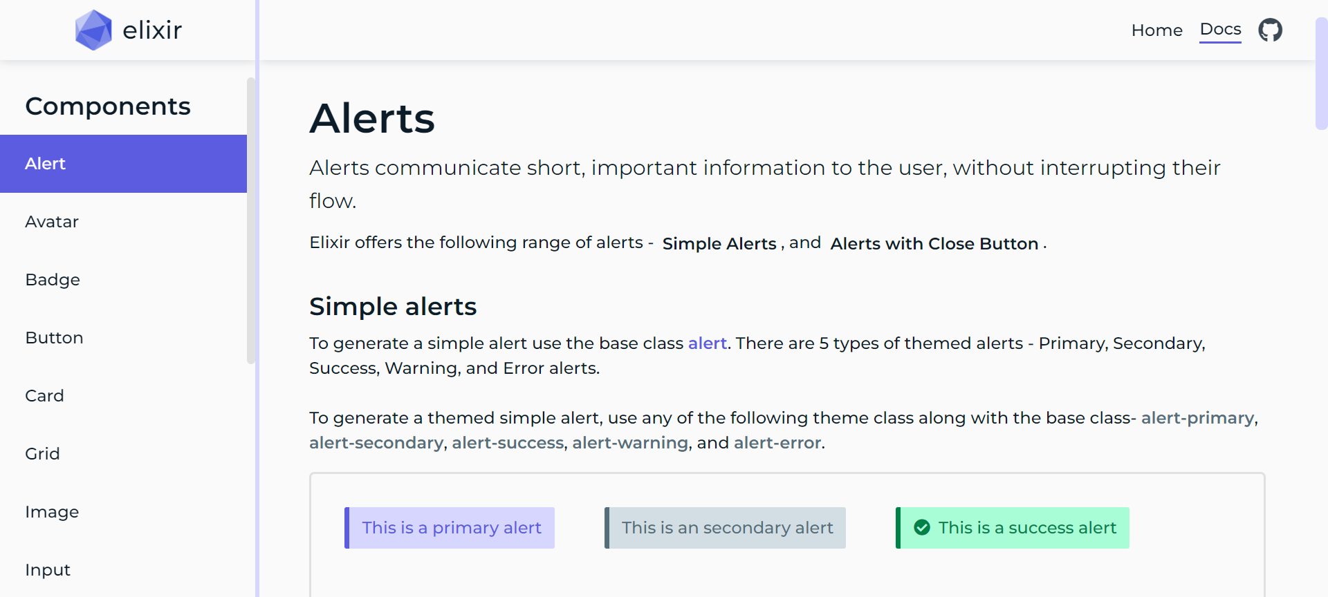 Screenshot of Alert component in the documentation page