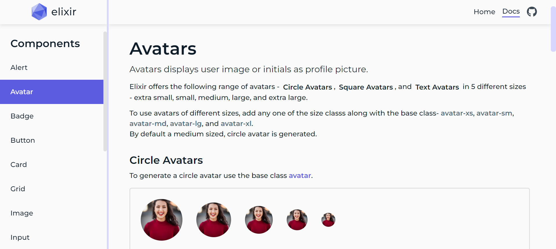 Screenshot of Avatar component in the documentation page