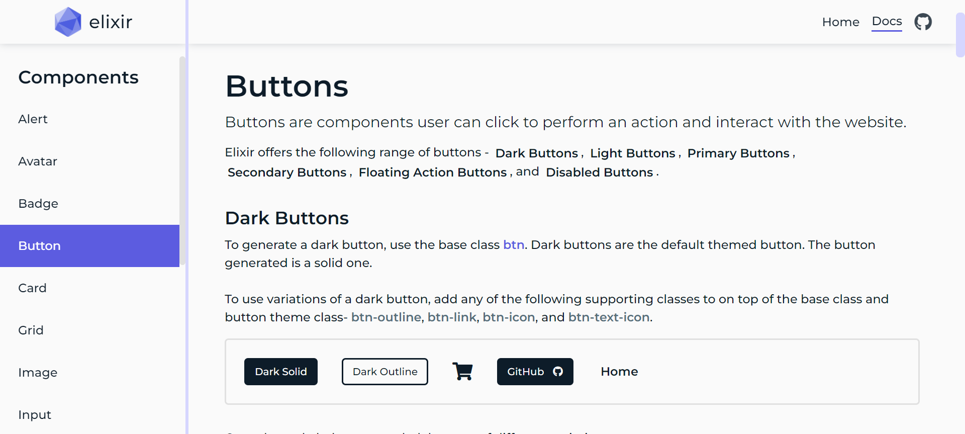 Screenshot of Button component in the documentation page