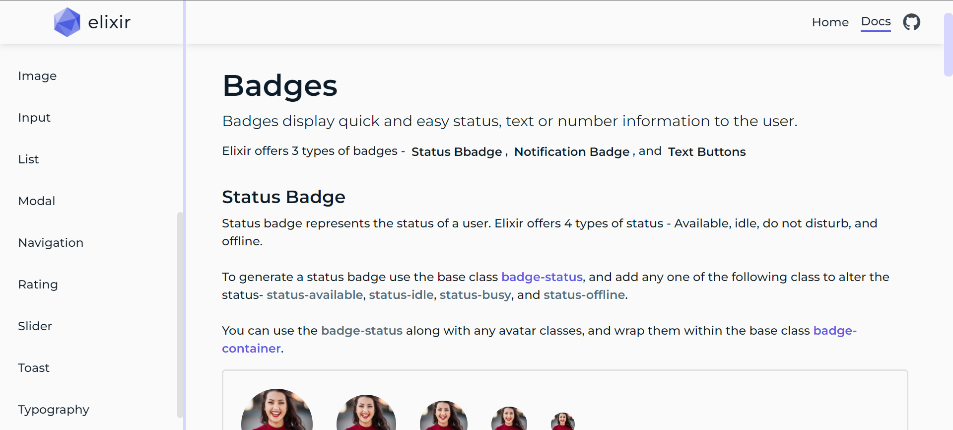 Screenshot of Badge component in the documentation page