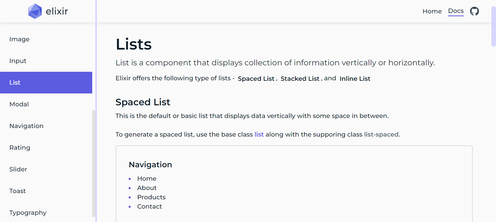 Screenshot of List componentin the documentation page