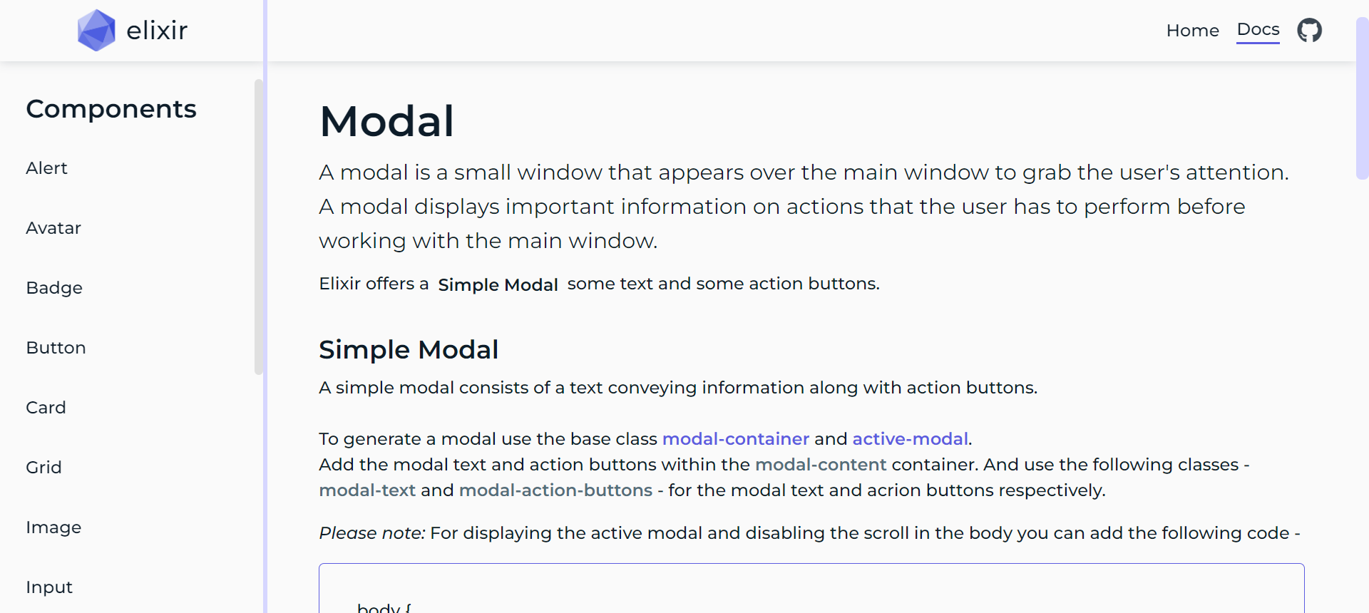 Screenshot of Modal component in the documentation page