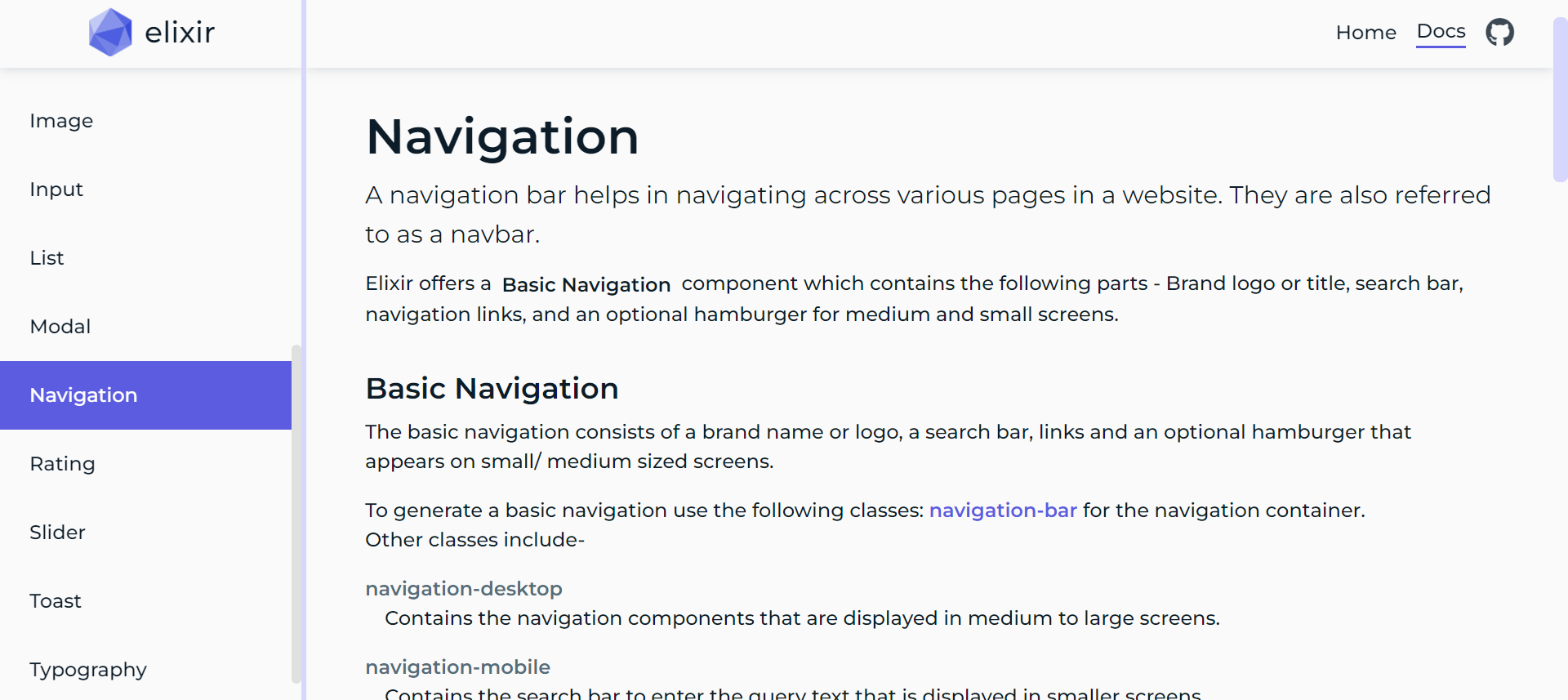 Screenshot of Navigation component in the documentation page