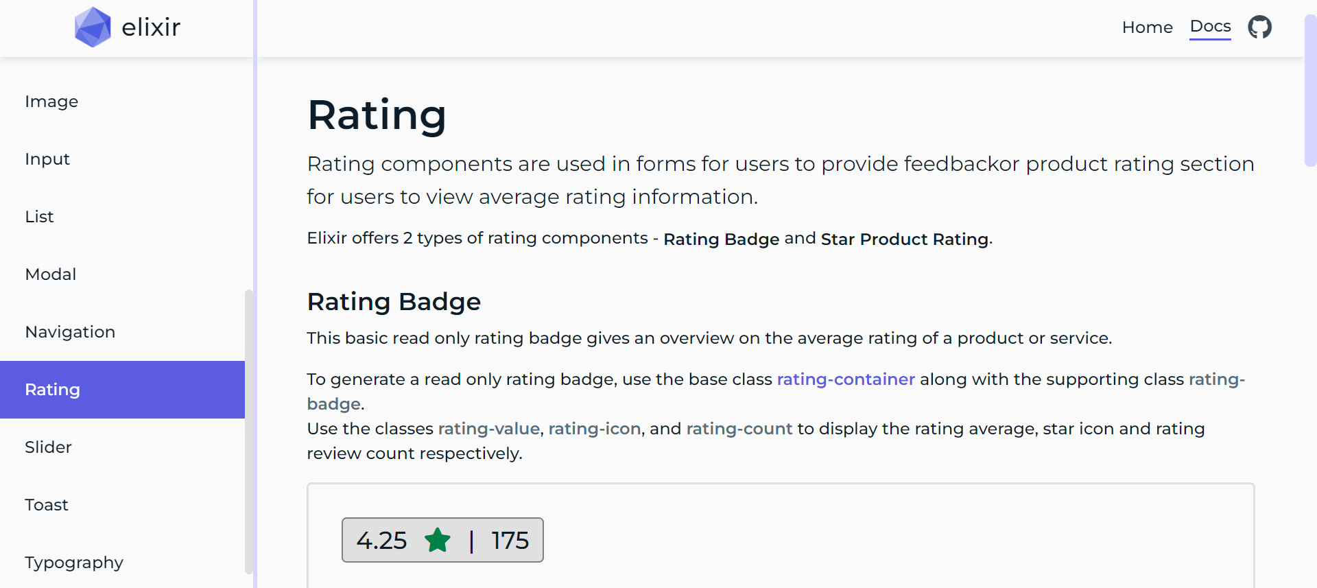 Screenshot of Rating component in the documentation page