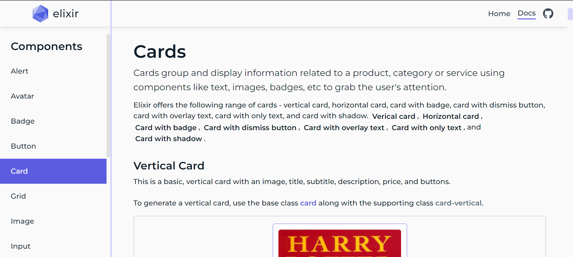 Screenshot of Card component in the documentation page