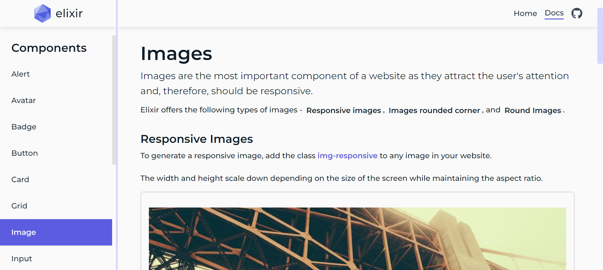 Screenshot of Image component on the documentation page