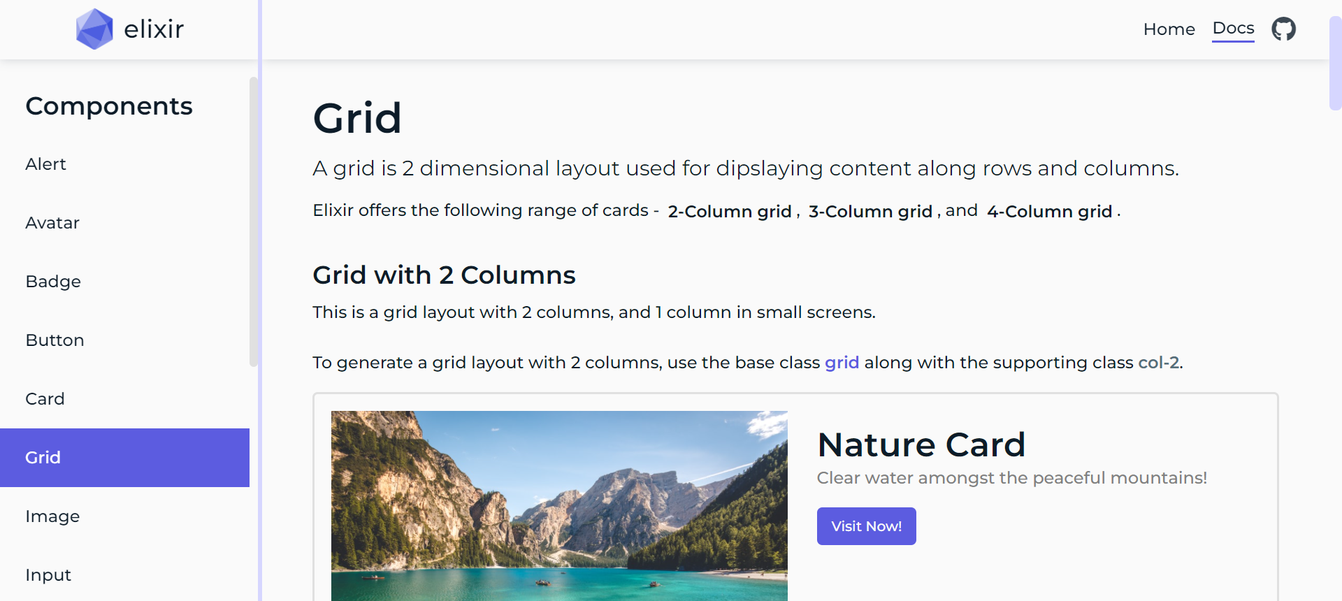 Screenshot of Grid component in the documentation page