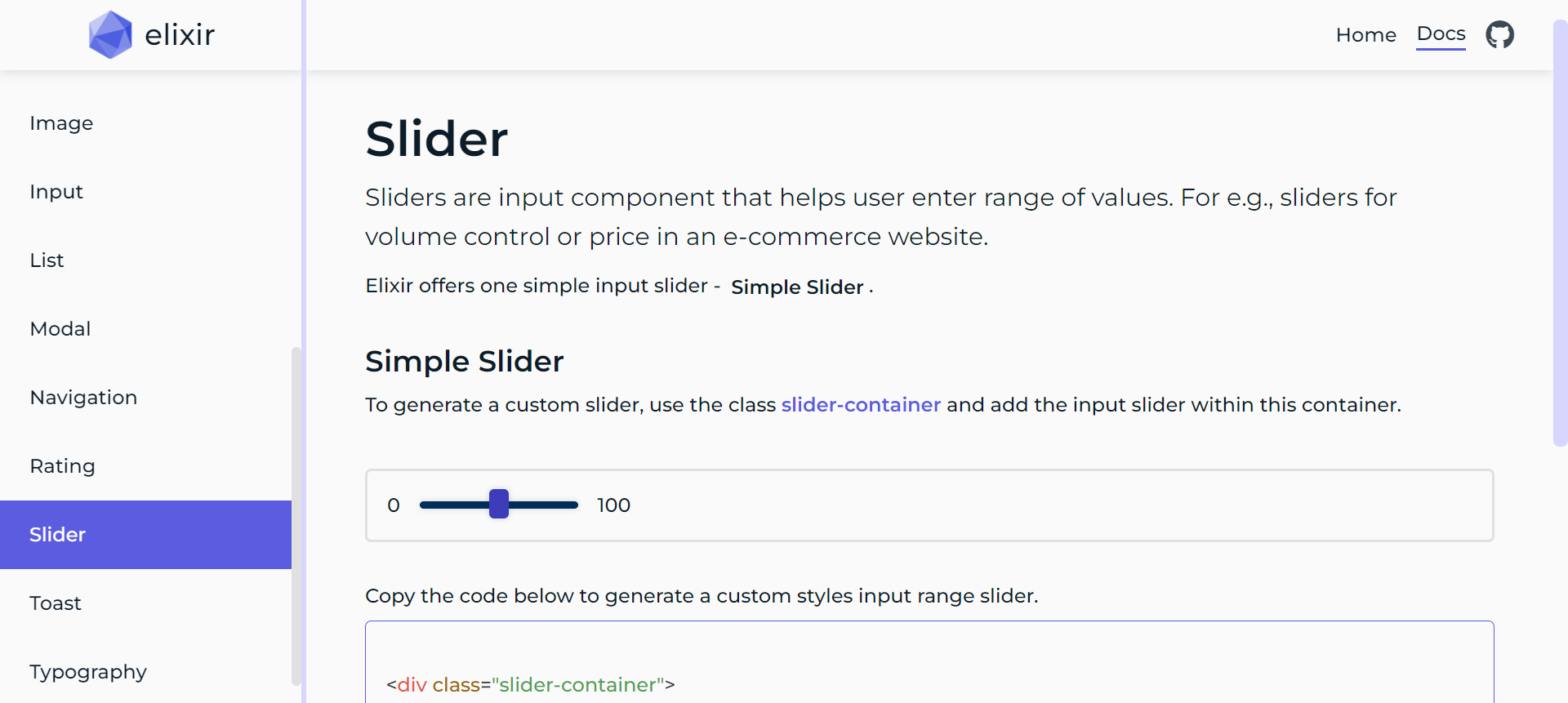 Screenshot of Slider component in the documentation page