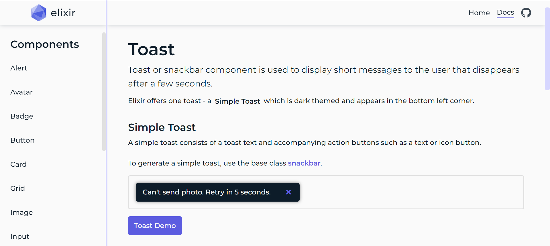 Screenshot of Toast component in the documentation page