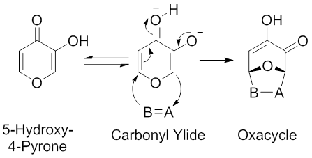 Scheme 4. Intramolecular hydrogen transfer-mediated synthesis of carbonyl ylides from 5-hydroxy-4-pyrones. Modified from Garst, M. E.; McBride, B. J.; Douglass III, J. G. Tetrahedron Lett. 1983, 24, 1675.