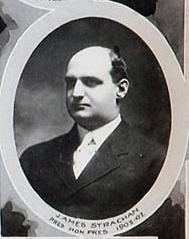 Profile of balding man, wearing a suit, within an oval, with the caption "James Strachan Pres. Hon. Pres 1903-07"