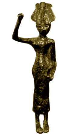 Bronzen beeldje van Anat met een Atefkroon en opgeheven arm (oorspronkelijk met een bijl of club), gedateerd 1200-1400 vC, gevonden in Syrië.