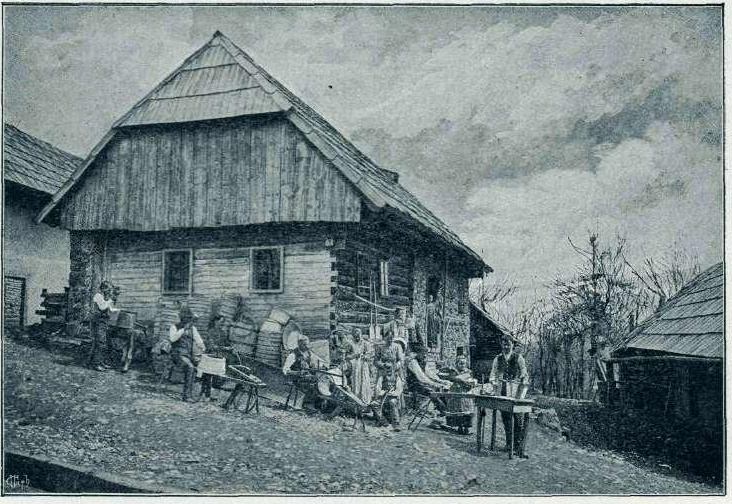 File:Domači obrti na Kranjskem - izdelovanje »suhe robe« v kočevskih hribih 1903.jpg