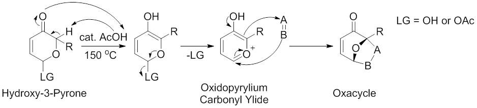 Scheme 3. Acid-catalyzed synthesis of carbonyl ylides from hydroxy-3-pyrones. Modified from Sammes, P. G.; Street, L. J. J. Chem. Soc., Chem. Commun. 1982, 1056.