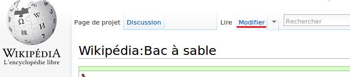 En blau cerclat de roge, l'onglet per modificar una pagina, aicí lo nauc de sabla.