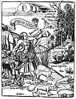 Gregor Reisch, « La logique présente ses thèmes centraux », Margarita Philosophica, 1503/08 (?). Les deux chiens veritas et falsitas courent derrière le lièvre problema, la logique se presse armée de son épée syllogismus. En bas à gauche se trouve Parménide dans une grotte, grâce auquel la logique aurait été introduite dans la philosophie.