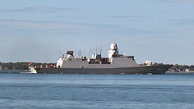 Picture of the side of HNLMS Tromp in 2009, departing Naval Station Norfolk, Norfolk, Virginia, United States.