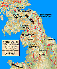 A map showing the positions of the British kingdoms of central Britain, including some mentioned in the text; Rheged in Cumbria, Strathclyde in the valley of the Clyde and Gododdin in southeastern Scotland.