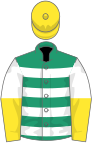 White and emerald green hoops, yellow and white halved sleeves, yellow cap