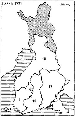 1721 1: Turku en Pori 14: Nyland en Tavastehus 18: Oost-Botnië 19: Kymmenegård en Nyslott