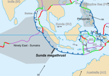 Carte couleur montrant les frontières de plaques tectoniques dont la zone de subduction de la Sonde, en forme d'arc.