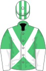 Emerald green, white cross belts, halved sleeves, emerald green and white striped cap