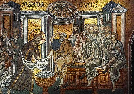Bizantziar mosaikoa, Jesusek apostoluen oinak garbitzen ditu.