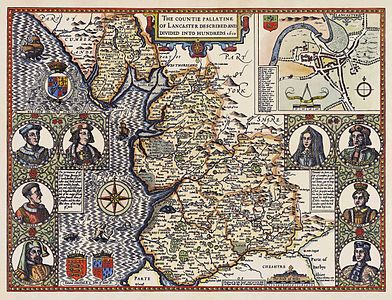 Map of the County Palatine of Lancaster, by Jodocus Hondius and John Speed (restored by Adam Cuerden)