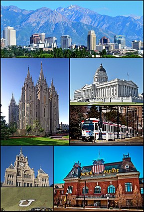 برخلاف عقربه‌های ساعت از بالا: The skyline in July 2011, کاپیتول ایالت یوتا، TRAX, Union Pacific Depot, Block U, City-County Building, و Salt Lake Temple