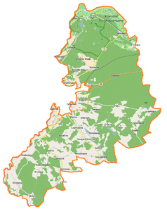 Mapa konturowa gminy wiejskiej Gubin, blisko centrum na lewo znajduje się punkt z opisem „Gubinek”