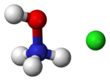 Ball-and-stick model of a hydroxylammonium cation (left) and a chloride anion (right)