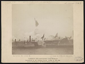 Liberty enlightening the world-Inauguration of the Bartholdi Statue, Harbor of New York-Military and naval salute, the President's arrival at Liberty Island (1886)