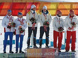 Huldiging team sprint mannen tijdens de Olympische Winterspelen 2006