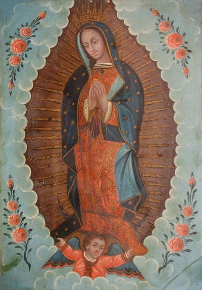 Ang Birheng Guadalupe ay marahil ang pinakamahalagang kultural at malawakang na-reproduce na imahe ng mga Katolikong Mehikano. Sa sikat na paglalarawan, nakatayo si Maria sa ibabaw ng tilma (isang uri ng kapa) ni Juan Diego, kung saan ay nagpakita ng imahe ng Birheng Guadalupe ayon sa kanyang kuwento. Sa buong kasaysayan ng Mehiko, ang kwento at imahe ng Birheng Guadalupe ay naging simbolo ng pagkakaisa ng bansa. Mehikanong retablo ng Birheng Guadalupe, ika-19 na siglo, sa El Paso Museum of Art. Wikimedia.