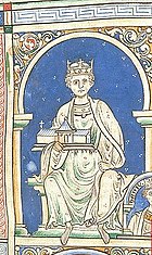 An image of King Henry II, portraying him in all white on a blue background. King Henry is sitting, holding a church. He has a royal crown on his head.