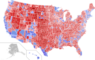 Risultati per contea, con diverse gradazioni di blu e rosso a seconda del margine di vantaggio del vincitore