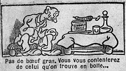 Dessin d'un homme assis sur un tabouret devant une table avec une boîte de corned beef