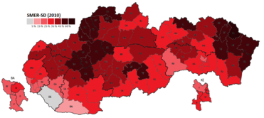 Mapa podielu hlasov pre SMER-SD v okresoch Slovenska