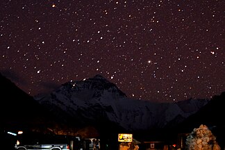 Camps visible on northeast ridge as seen from north base camp area, Tibet on 20 May 2011