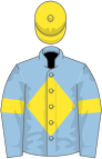 Light blue, yellow diamond, light blue sleeves